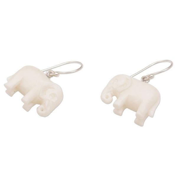 Alternate image for Sleek Cow Bone Carved Elephant Earrings with Silver Hooks White Elephant