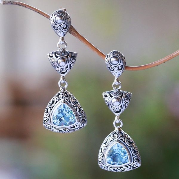 Alternate image for Triangular Blue Topaz Dangle Earrings from Bali Triangles of Swirls