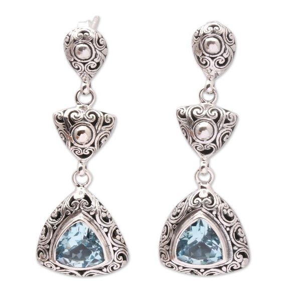 Alternate image for Triangular Blue Topaz Dangle Earrings from Bali Triangles of Swirls