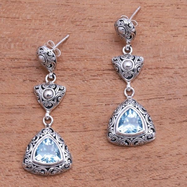 Alternate image for Triangular Blue Topaz Dangle Earrings from Bali Triangles of Swirls