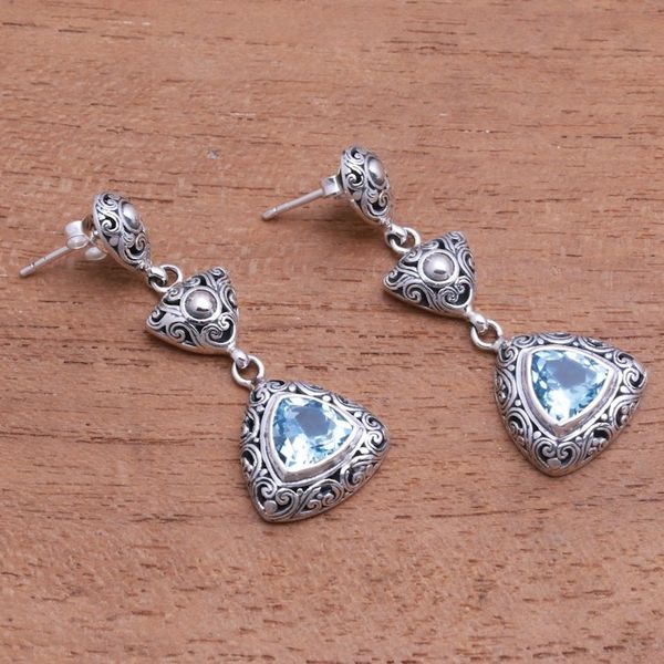 Alternate image for Triangular Blue Topaz Dangle Earrings from Bali Triangles of Swirls