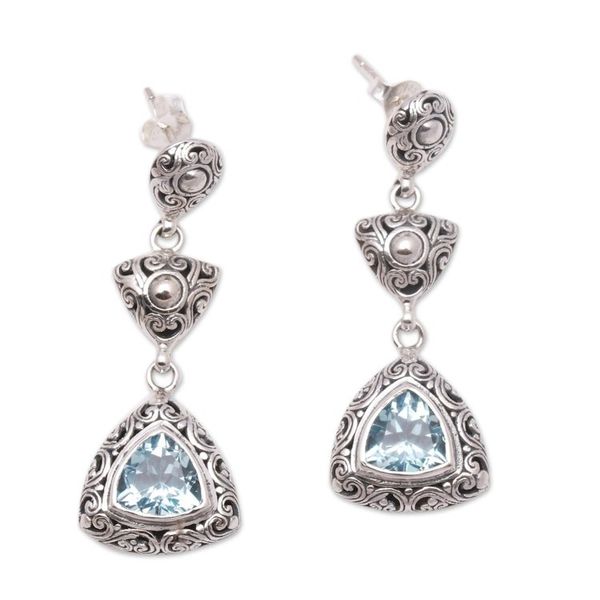 Alternate image for Triangular Blue Topaz Dangle Earrings from Bali Triangles of Swirls