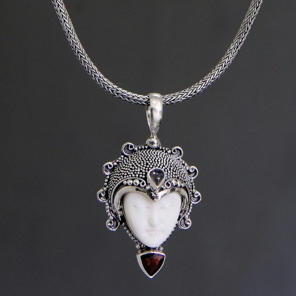 Alternate image for Garnet and Bone Silver Pendant Necklace Princess Aura