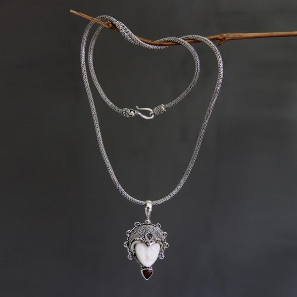 Alternate image for Garnet and Bone Silver Pendant Necklace Princess Aura
