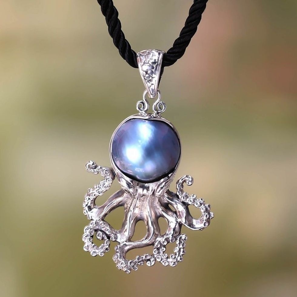 Pearl and Sterling Silver Pendant on Silk Necklace 'Blue Octopus'