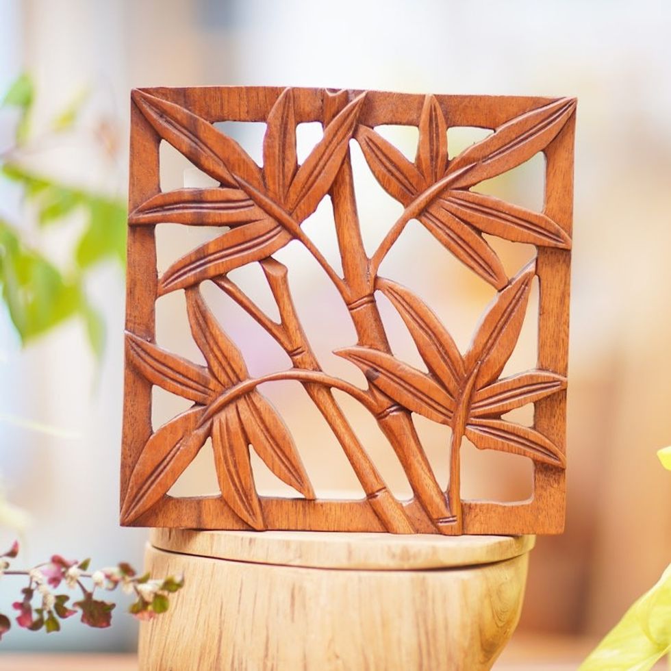 Hand-Carved Suar Wood Relief Panel of Bamboo from Bali 'Bamboo Copse'
