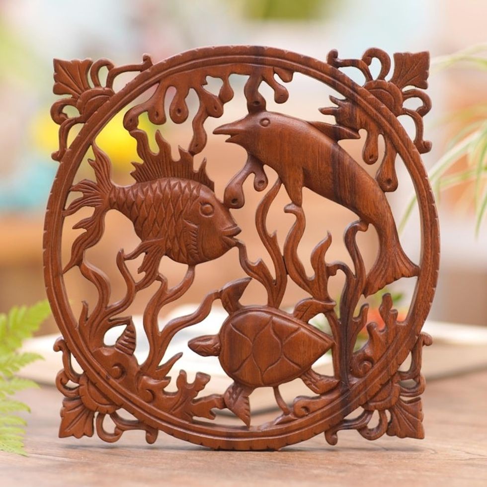 Suar Wood Wall Relief Panel of Sea Life from Indonesia 'Life of the Sea'