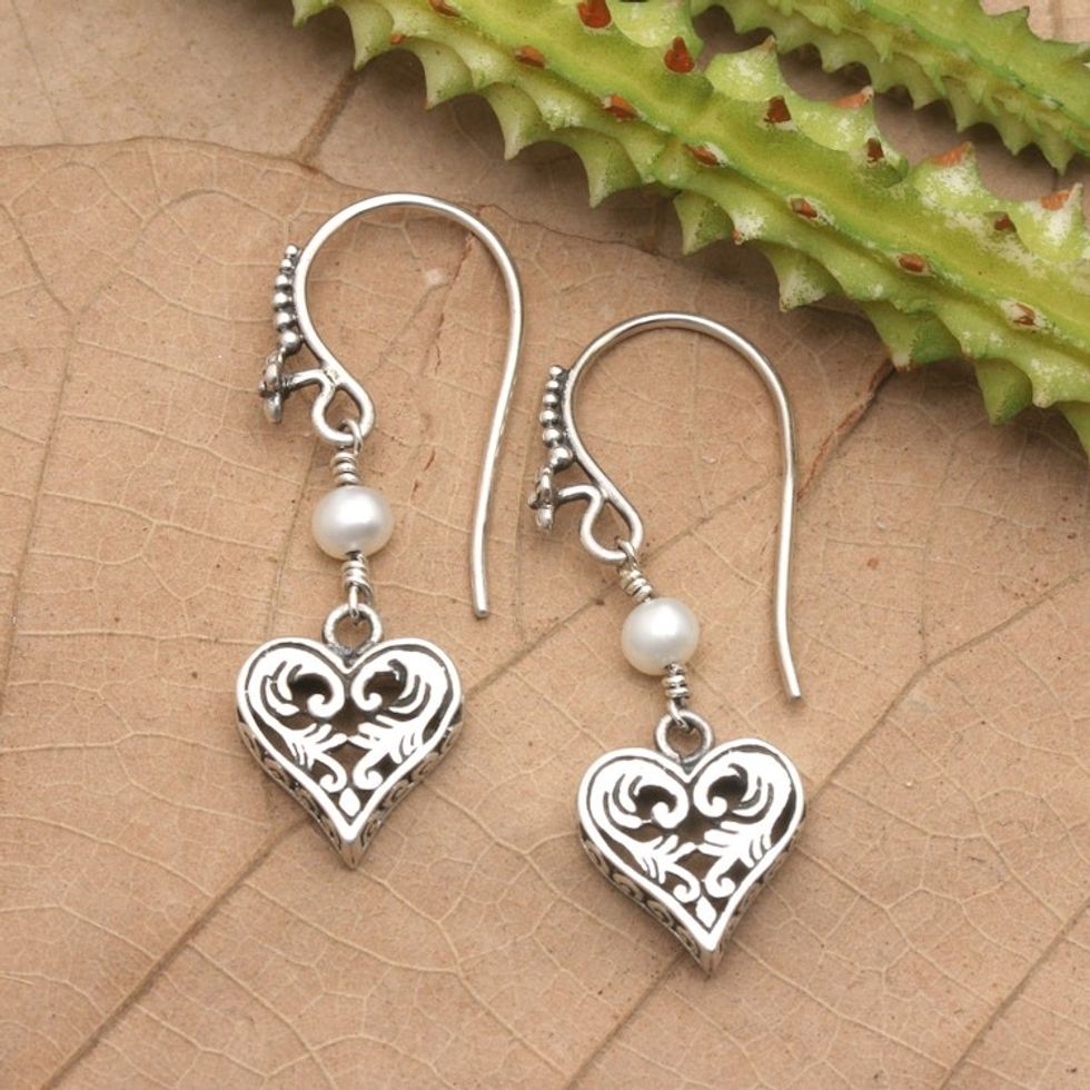 Silver and Pearl Heart Earrings 'Love in Nature'