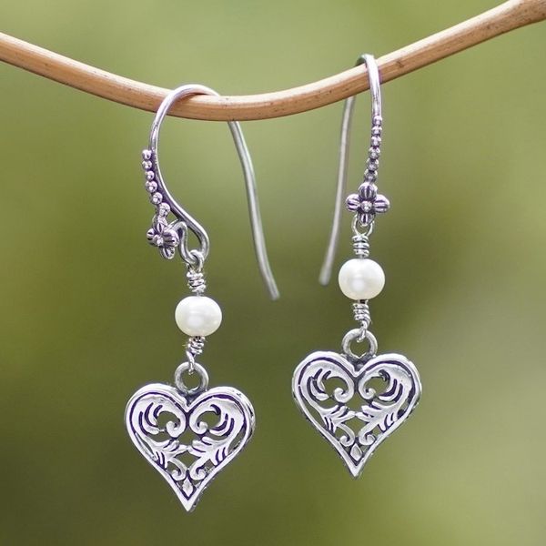 Alternate image for Silver and Pearl Heart Earrings Love in Nature