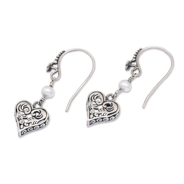 Alternate image for Silver and Pearl Heart Earrings Love in Nature