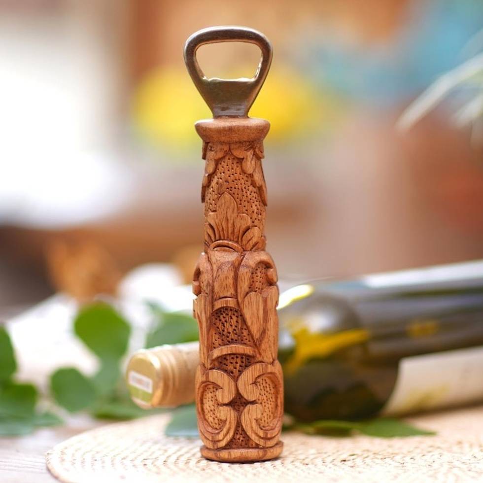 Handcrafted Suar Wood Floral Bottle Opener from Bali 'Floral Refreshment'