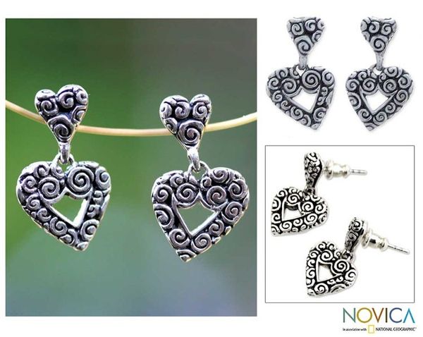 Alternate image for Sterling silver heart earrings Javanese Hearts