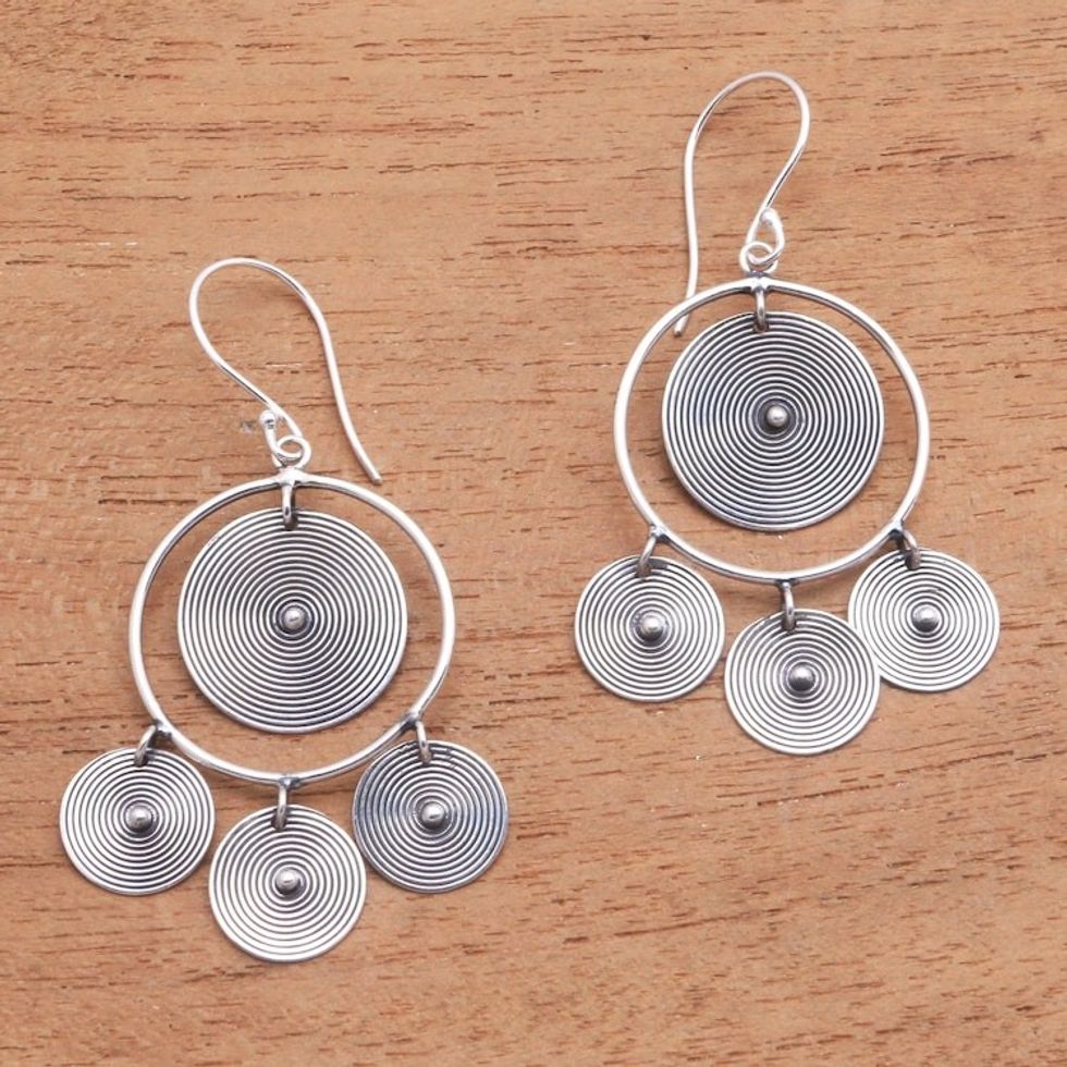 Circular Sterling Silver Chandelier Earrings from Bali 'Mesmerizing Discs'