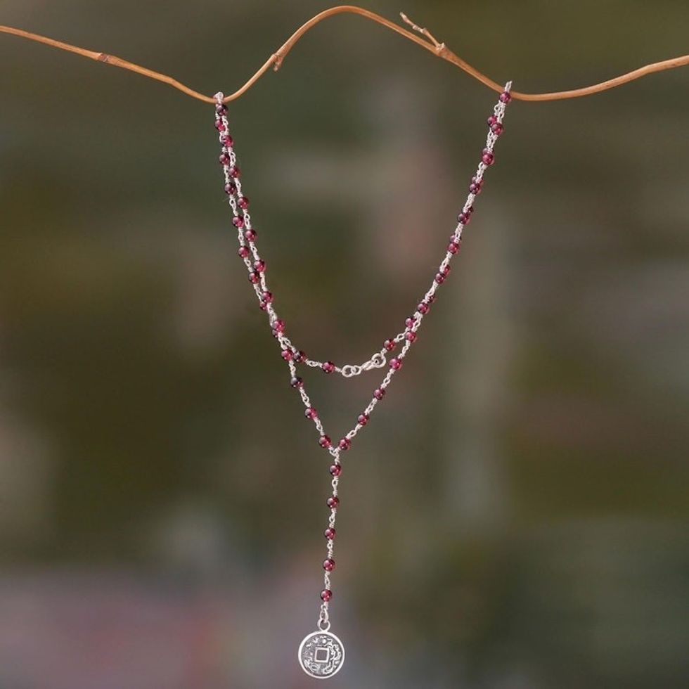 Garnet and Sterling Silver Necklace with Lucky Coin 'Crimson Pis Bolong'