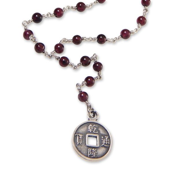 Alternate image for Garnet and Sterling Silver Necklace with Lucky Coin Crimson Pis Bolong