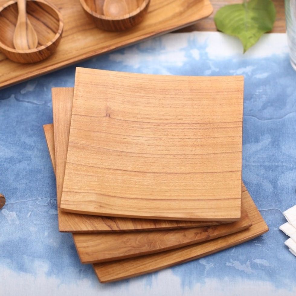 Handmade Square Teak Wood Plates from Bali Set of 4 'Fine Meal'