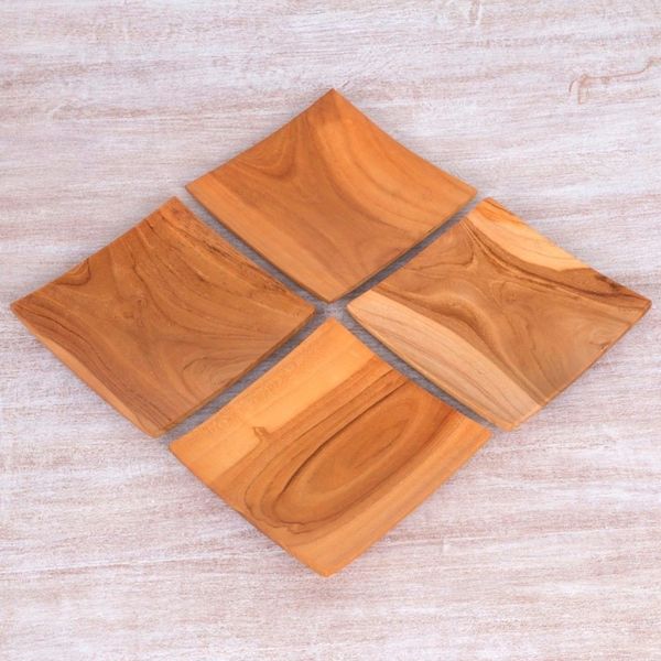 Alternate image for Handmade Square Teak Wood Plates from Bali Set of 4 Fine Meal