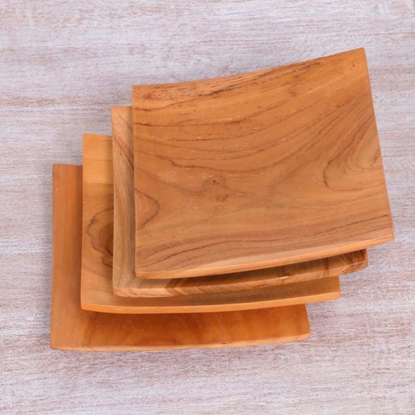 Alternate image for Handmade Square Teak Wood Plates from Bali Set of 4 Fine Meal