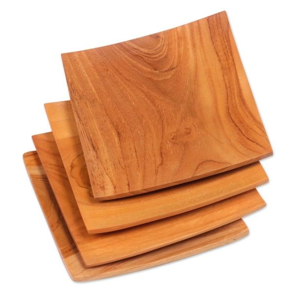 Alternate image for Handmade Square Teak Wood Plates from Bali Set of 4 Fine Meal