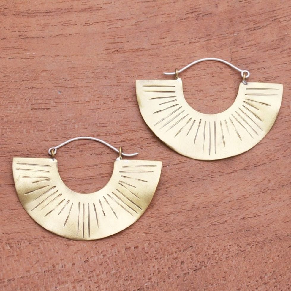 Line Pattern Modern Brass Hoop Earrings from Bali 'Modern Rays'