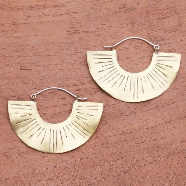 Alternate image for Line Pattern Modern Brass Hoop Earrings from Bali Modern Rays