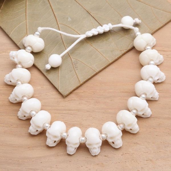 Alternate image for Hand Carved Bone Skull Bead Bracelet Bone Collector
