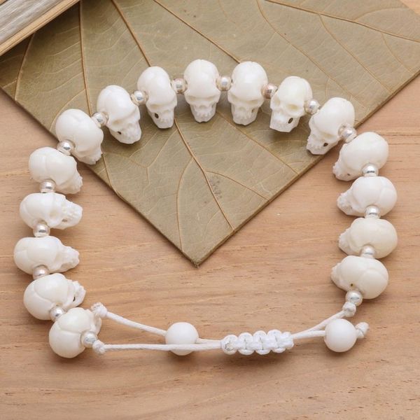 Alternate image for Hand Carved Bone Skull Bead Bracelet Bone Collector