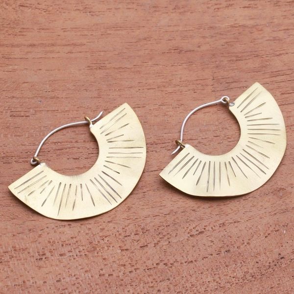 Alternate image for Line Pattern Modern Brass Hoop Earrings from Bali Modern Rays
