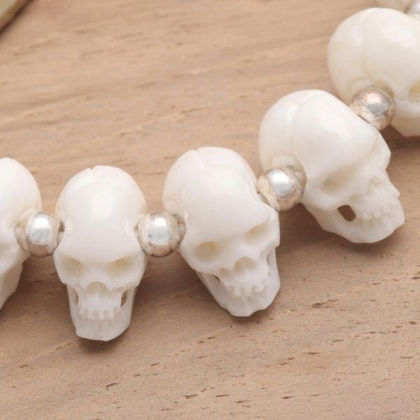 Alternate image for Hand Carved Bone Skull Bead Bracelet Bone Collector