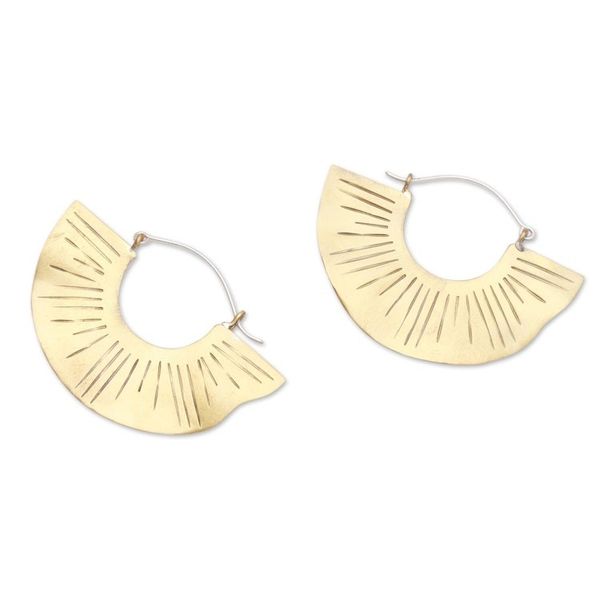 Alternate image for Line Pattern Modern Brass Hoop Earrings from Bali Modern Rays