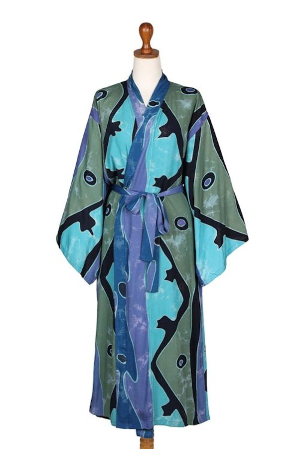 Alternate image for Womens batik robe Short Seaside Blue