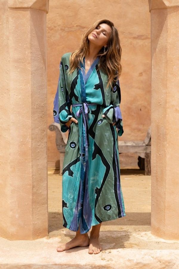 Alternate image for Womens batik robe Short Seaside Blue