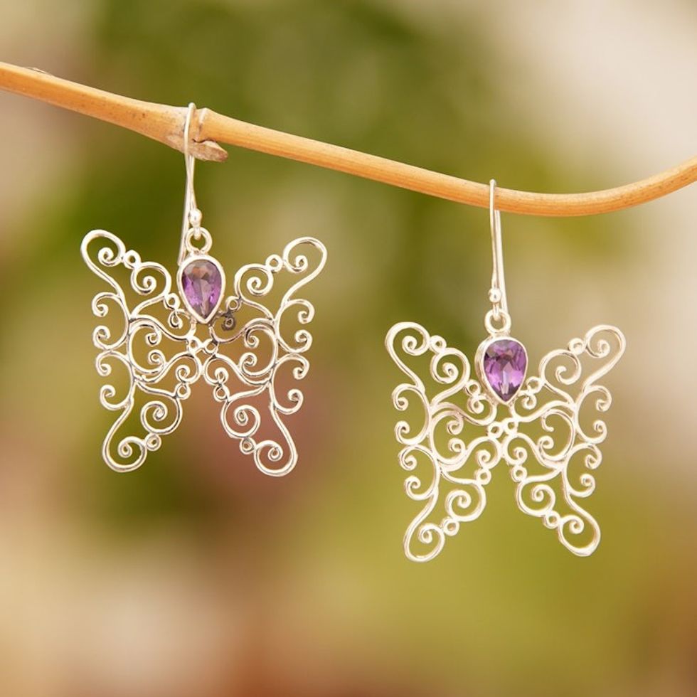 Amethyst and Sterling Silver Butterfly Earrings from Bali 'Butterfly Swirls in Purple'