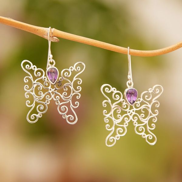 Alternate image for Amethyst and Sterling Silver Butterfly Earrings from Bali Butterfly Swirls in Purple