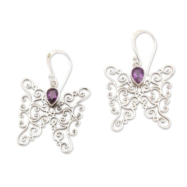 Alternate image for Amethyst and Sterling Silver Butterfly Earrings from Bali Butterfly Swirls in Purple