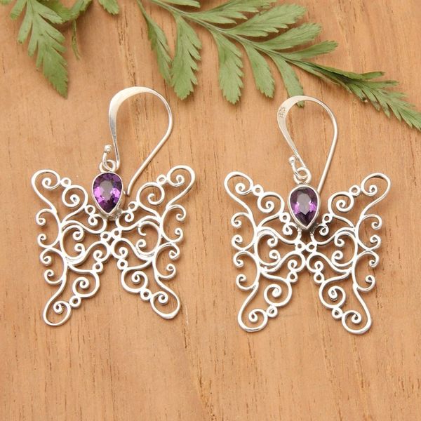 Alternate image for Amethyst and Sterling Silver Butterfly Earrings from Bali Butterfly Swirls in Purple