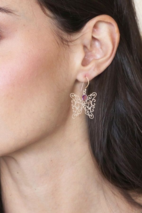 Alternate image for Amethyst and Sterling Silver Butterfly Earrings from Bali Butterfly Swirls in Purple