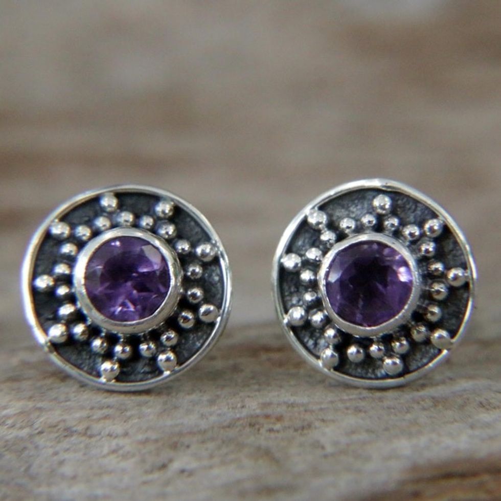 Amethyst and Sterling Silver Stud Earrings from Bali 'Winter Halo'