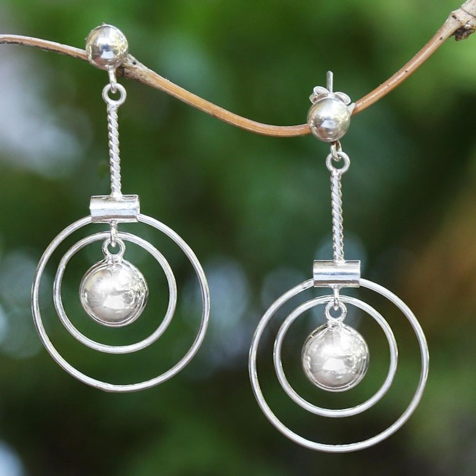 Ring Pattern Sterling Silver Dangle Earrings from Bali 'Happy Rings'