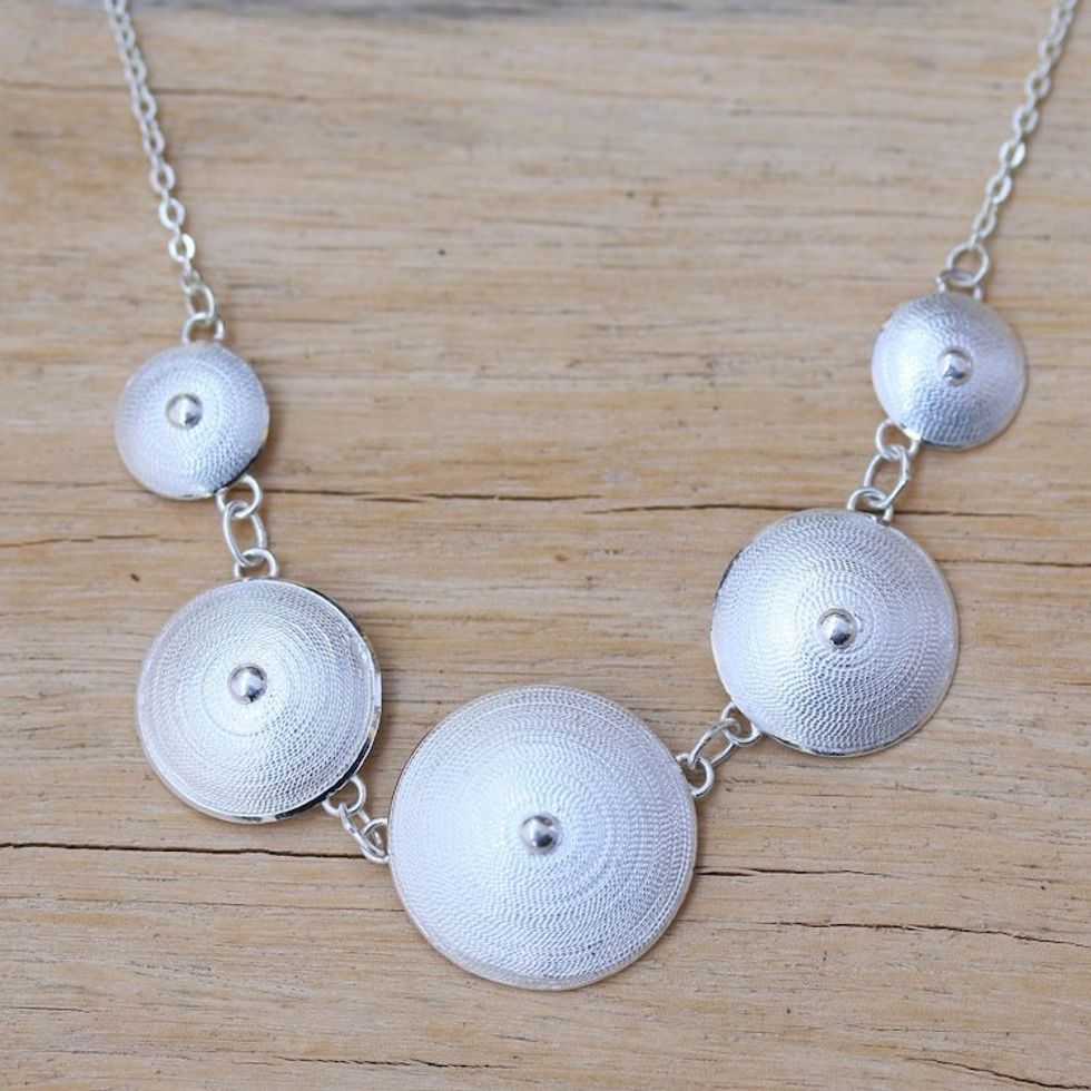 Sterling Silver Filigree Link Pendant Necklace from Java 'Five Shields'