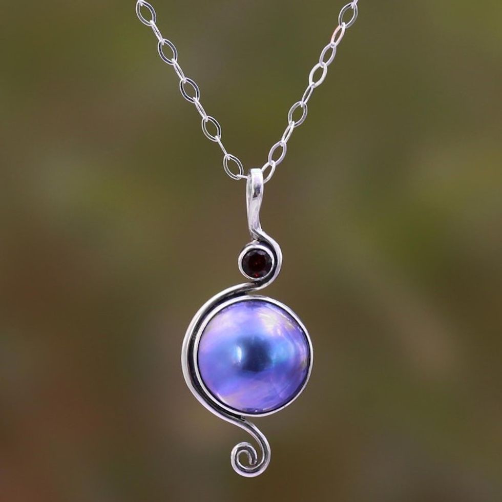 Cultured Pearl and Garnet Pendant Necklace from Bali 'Swirl Love'