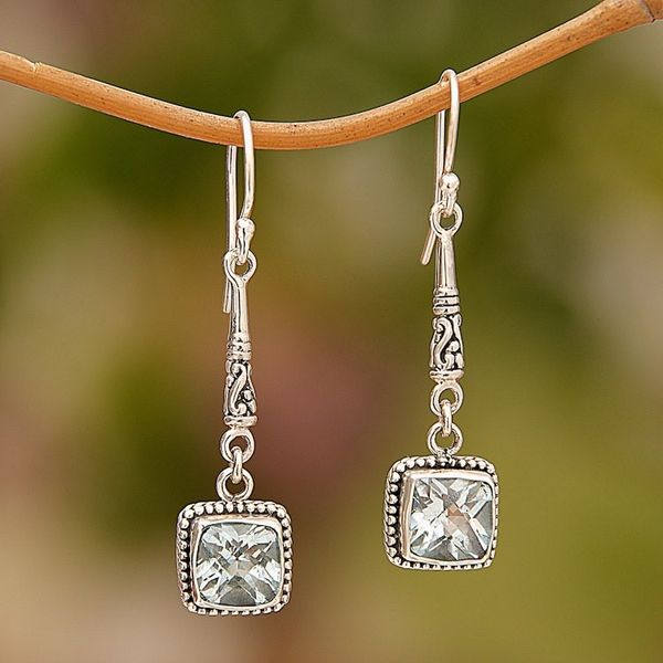 Alternate image for Faceted Blue Topaz and 925 Silver Dangle Earrings from Bali Majestic Gleam