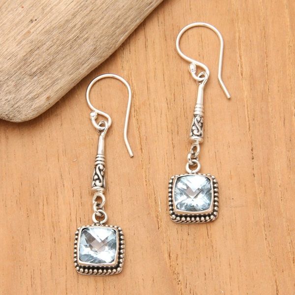 Alternate image for Faceted Blue Topaz and 925 Silver Dangle Earrings from Bali Majestic Gleam