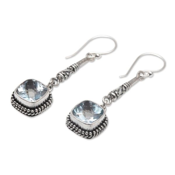 Alternate image for Faceted Blue Topaz and 925 Silver Dangle Earrings from Bali Majestic Gleam