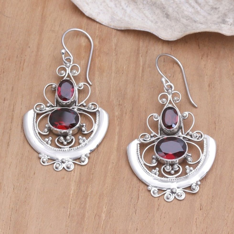 Sterling Silver and Garnet Dangle Earrings 'Balinese Goddess'