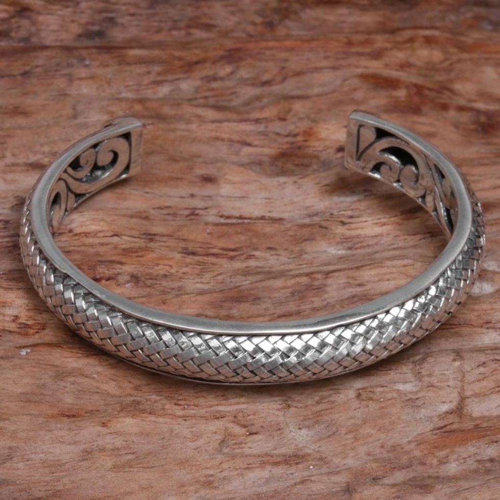 Handcrafted Modern Balinese Sterling Silver Cuff Bracelet 'Bamboo Scales'