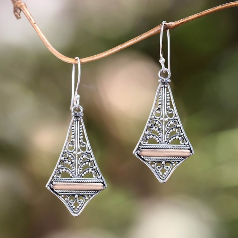 Balinese Gold Accented Sterling Silver Dangle Earrings 'Kuta Kite'