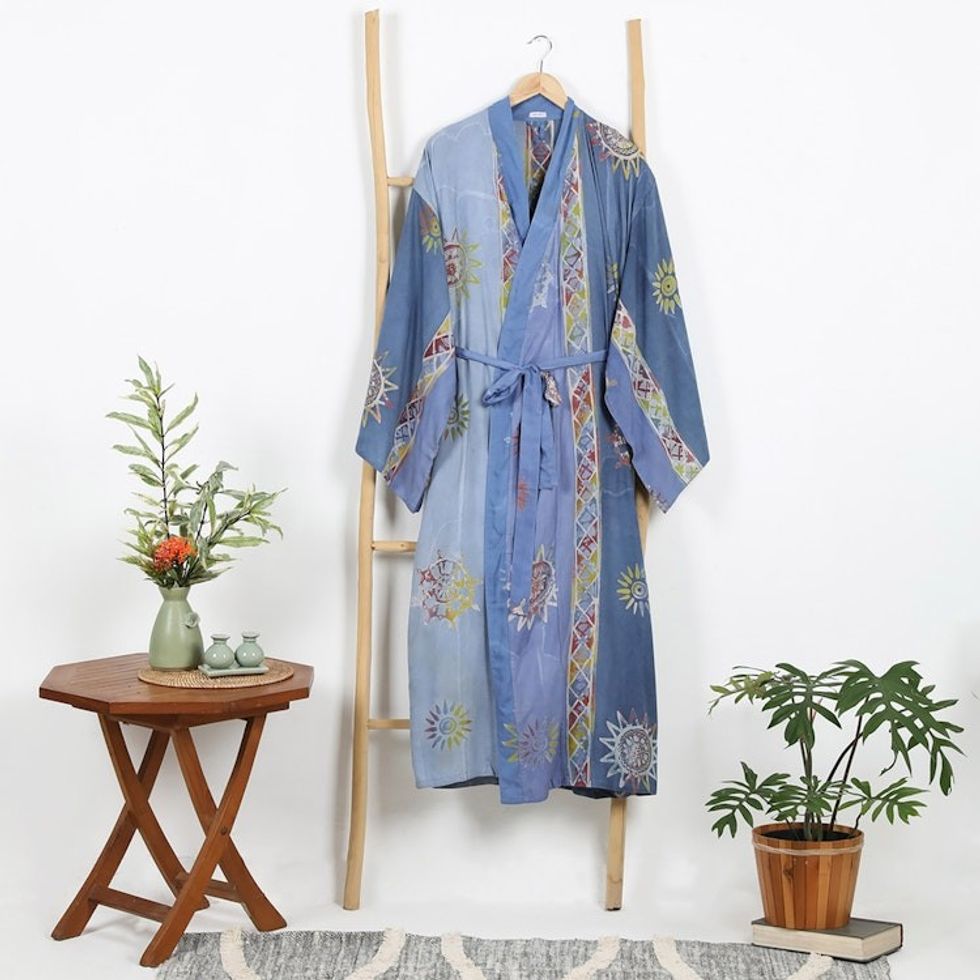 Long Rayon Batik Women's Robe 'Vintage Baliku'
