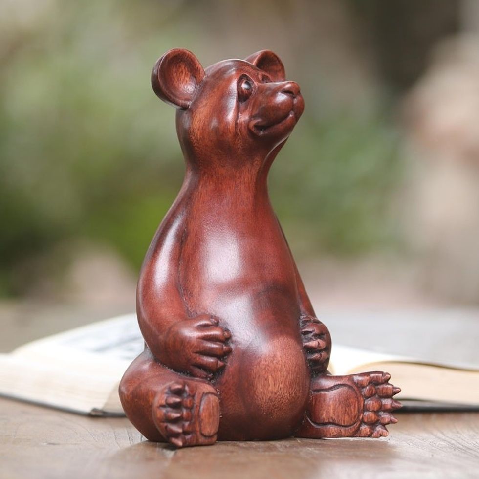 Handmade Suar Wood Sculpture of a Bear from Bali 'Honey Bear'