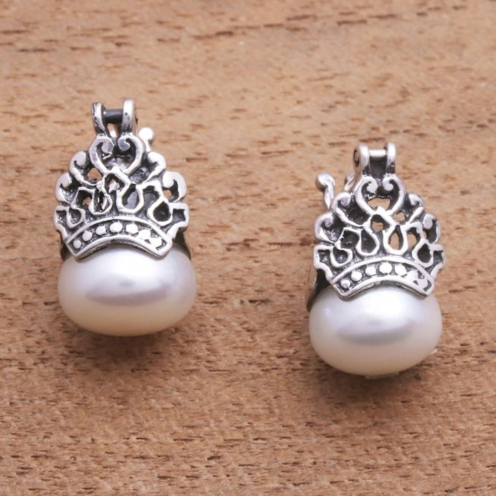 Cultured Pearl Drop Earrings Crafted in Bali 'Sukawati Crowns'